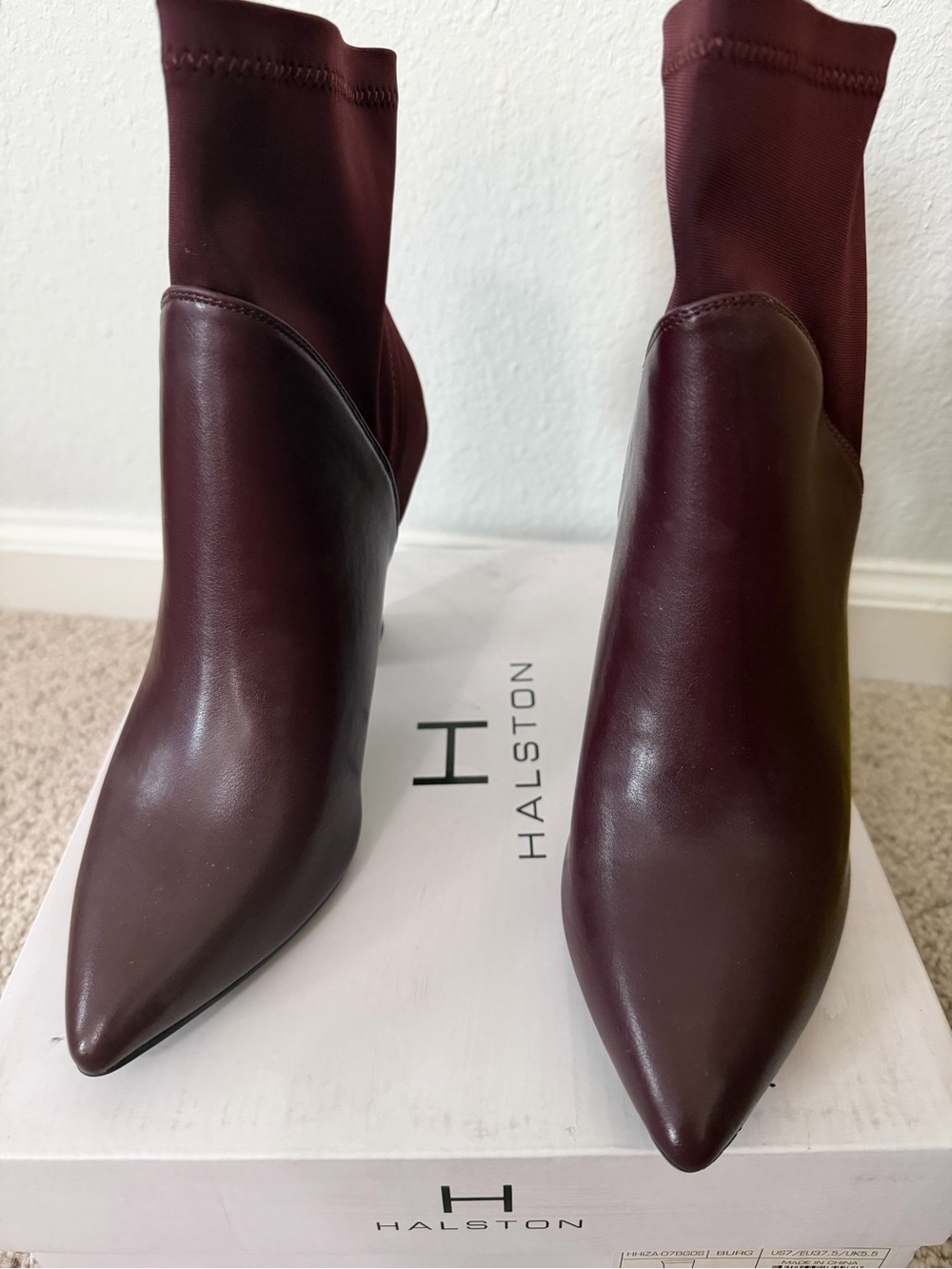 Halston Heritage Burgundy Pointed Leather Sock Booties